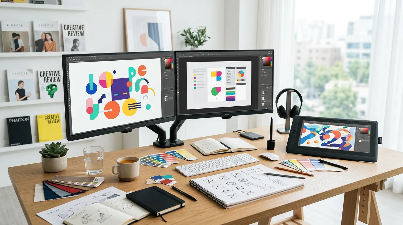 Modern creative studio workspace with design computer monitors, tablet with design tools, color swatches and design sketches scattered on desk, minimalist bright background