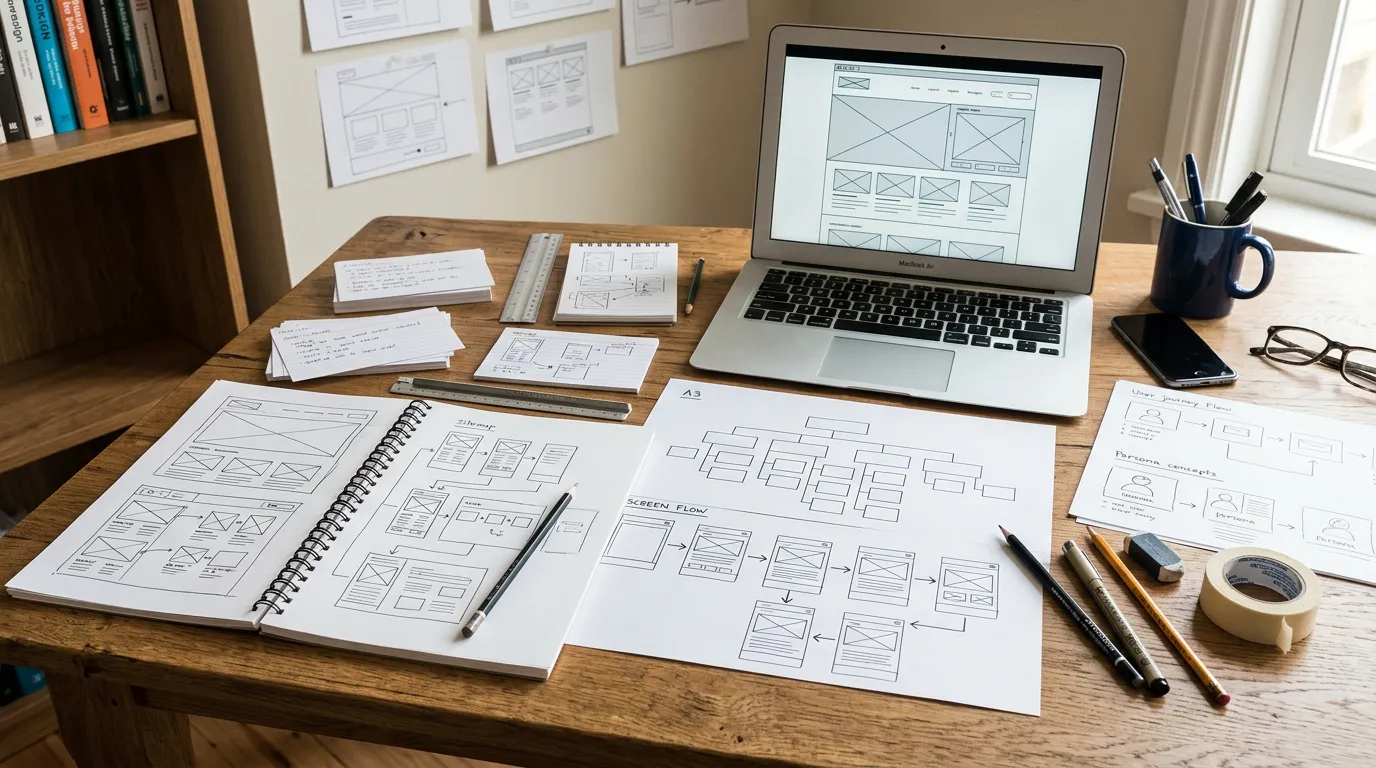 Website wireframe and user experience design on paper and screen, sitemaps and navigation flow diagrams, design thinking sketches, planning tools and prototyping materials on desk, photorealistic, pro