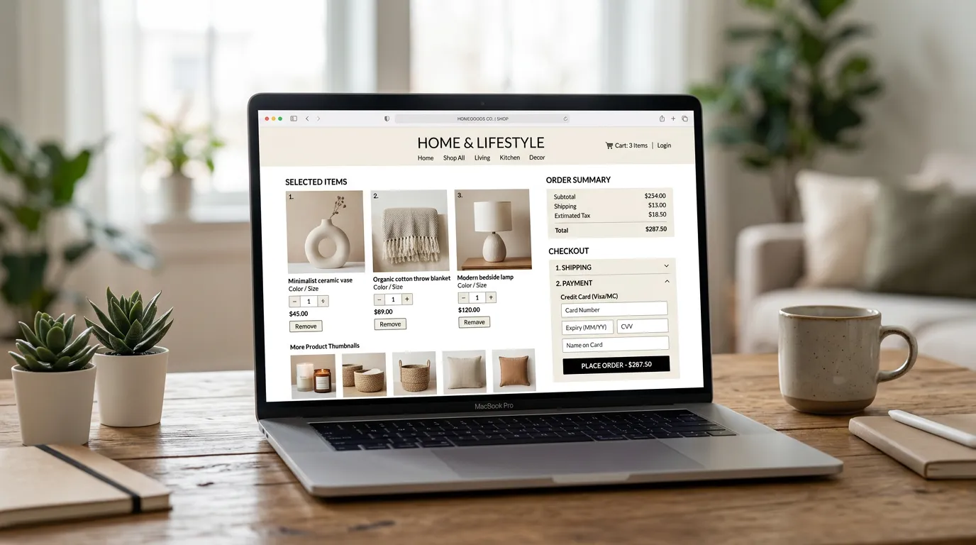 E-commerce shopping website interface on laptop screen with product display, shopping cart, payment section and product thumbnails, clean modern design aesthetic