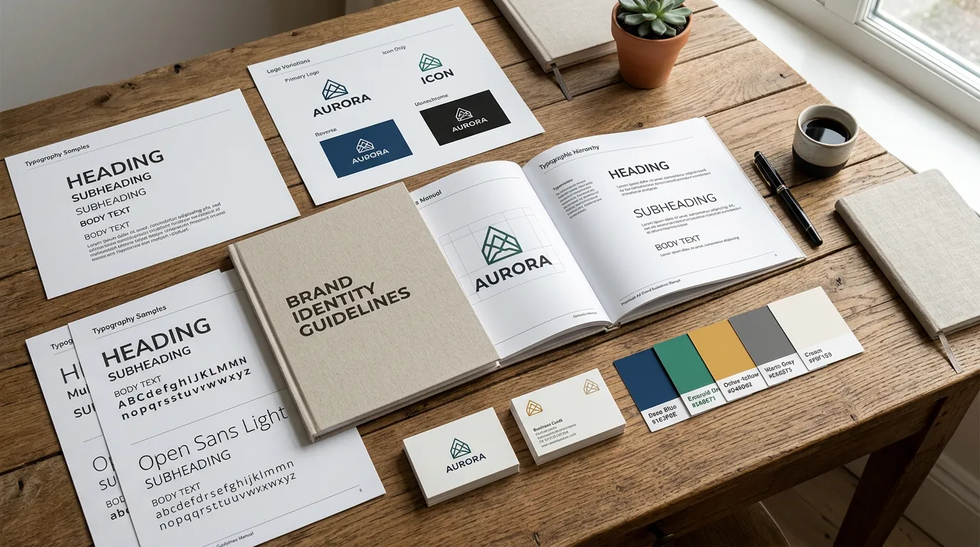 Brand identity design layout on wooden desk showing logo variations, color palette swatches, typography samples, business cards and brand guidelines documentation, professional branding materials